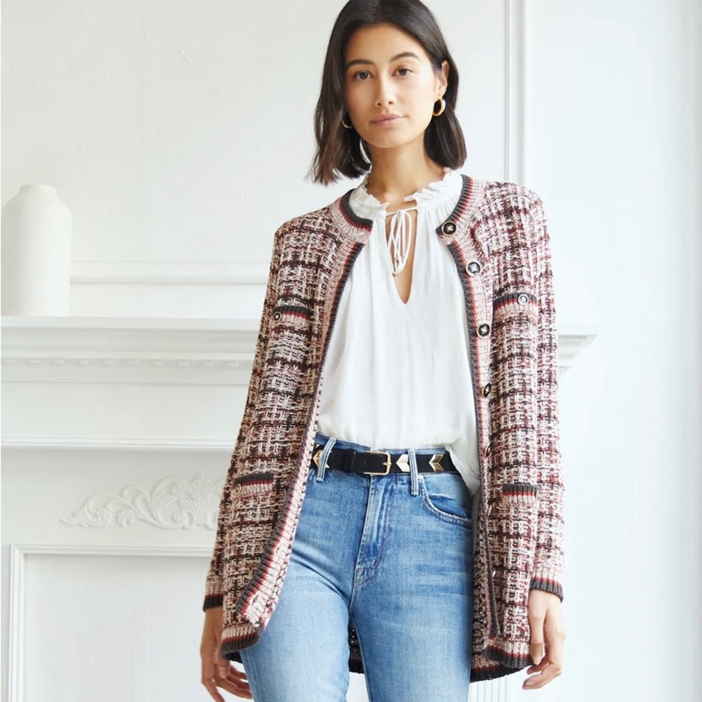 Autumn Cashmere Cardigan In Burgundy, Brown, Black And Ivory Cotton Size L
